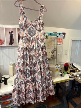 Wax Poetic Ivory Cosette Maxi Dress in Biblical Angels print with Ruffle Straps